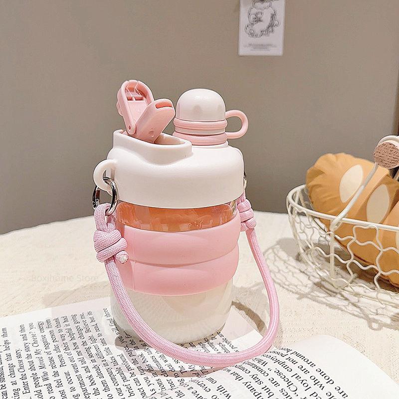 

Cute Double Drinking Glass Water Bottle Heat Resistant Silicone Sleeve Glass Sippy Cup Stylish Travel-Friendly Milk Tea Fruit Juice Practical Use 401-500ml