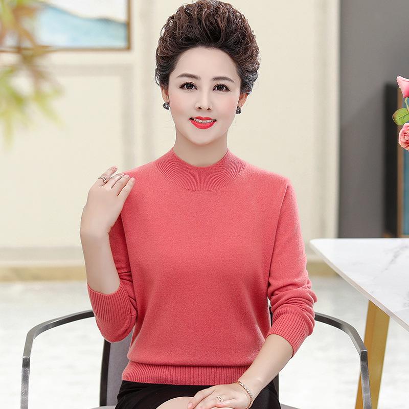 Women's 100% Pure Wool Sweater - Thick, Half High Neck for Middle-aged & Elderly, Autumn/Winter