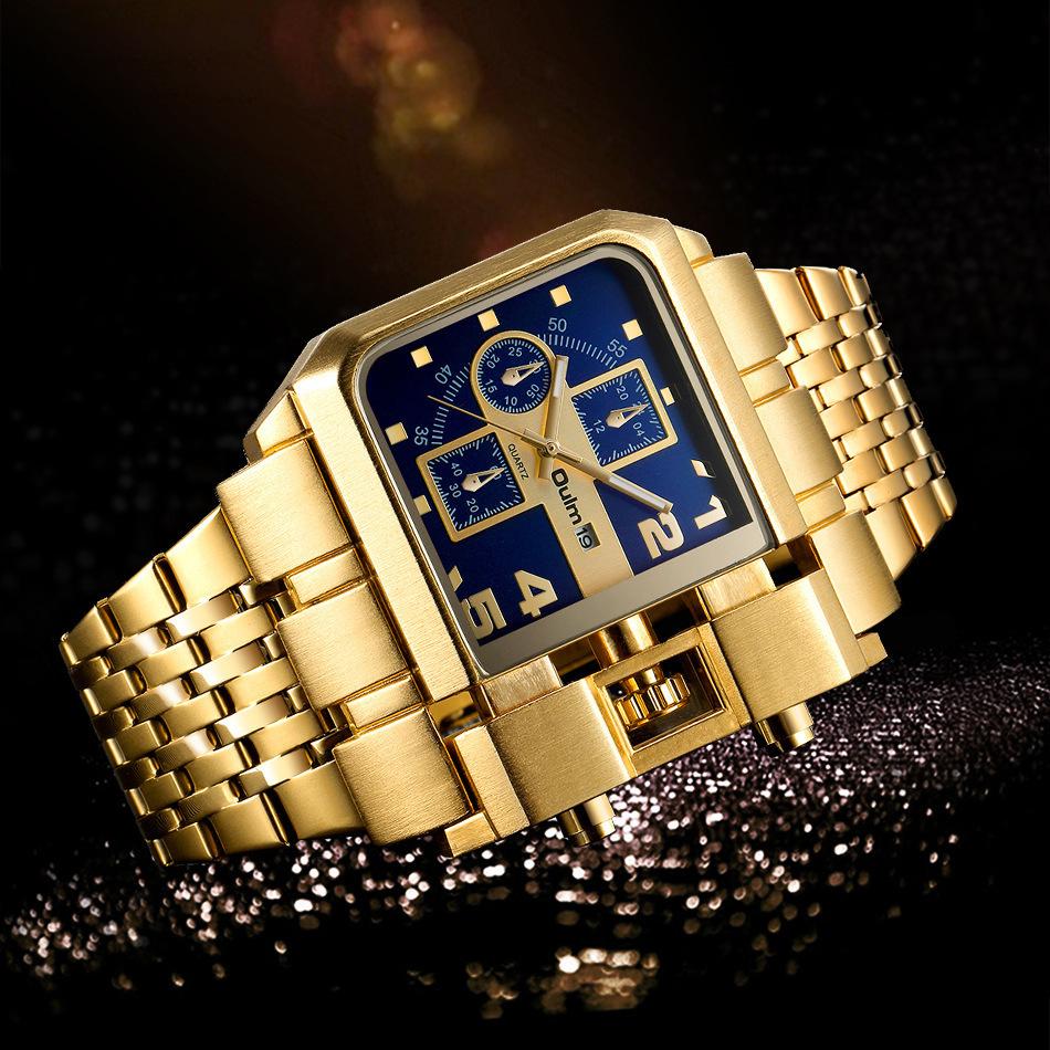 Oulm Gold Large Dial Men'S Watch Steel Belt Calendar Square Quartz Men'S Watch Casual Wind Wrist