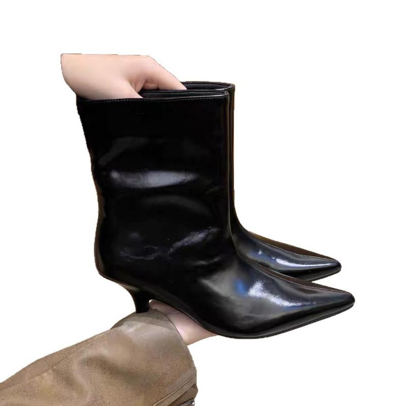 Mysterious figure! Fashion wide boots pointed cat and straight boots high-end leather stiletto short boots women's models