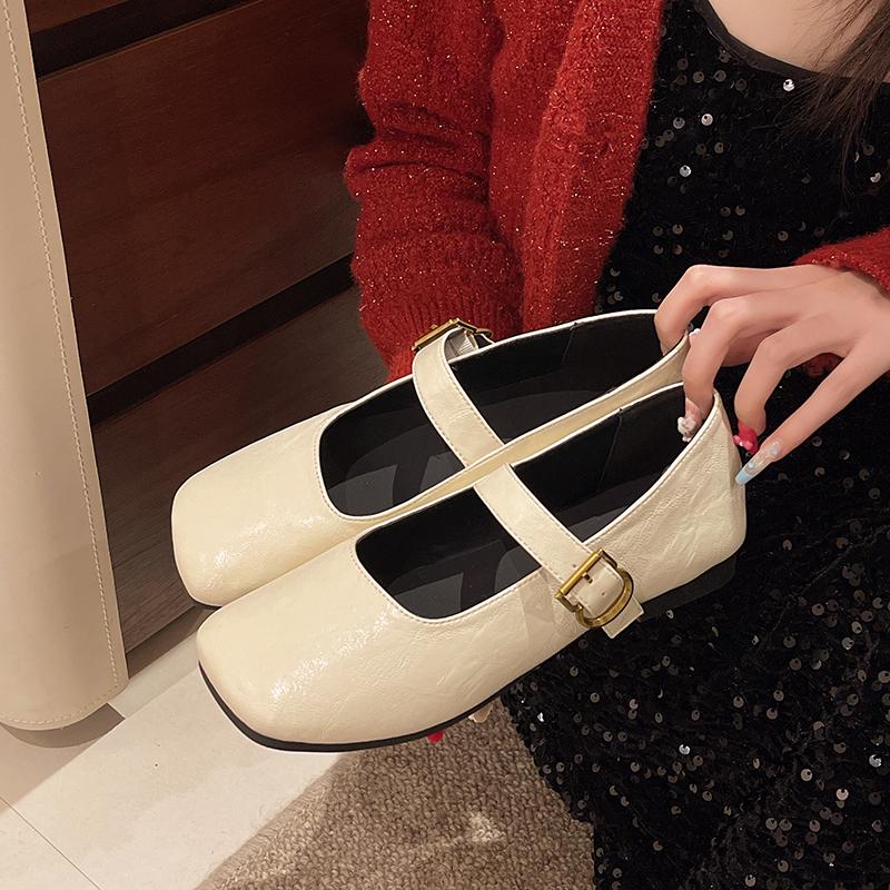 2025 New French Style Square Head Black Slip-On Women's Shoes Summer Casual Flat Heel Mary Janes Mini Leather Shoes for Women