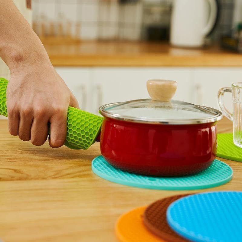 4 PCS Silicone Trivet Mats Heat Resistant Non-Slip Hot Pads for Kitchen | Multi-Functional Pan Protectors (Grey | Orange | Green | N Blue)
