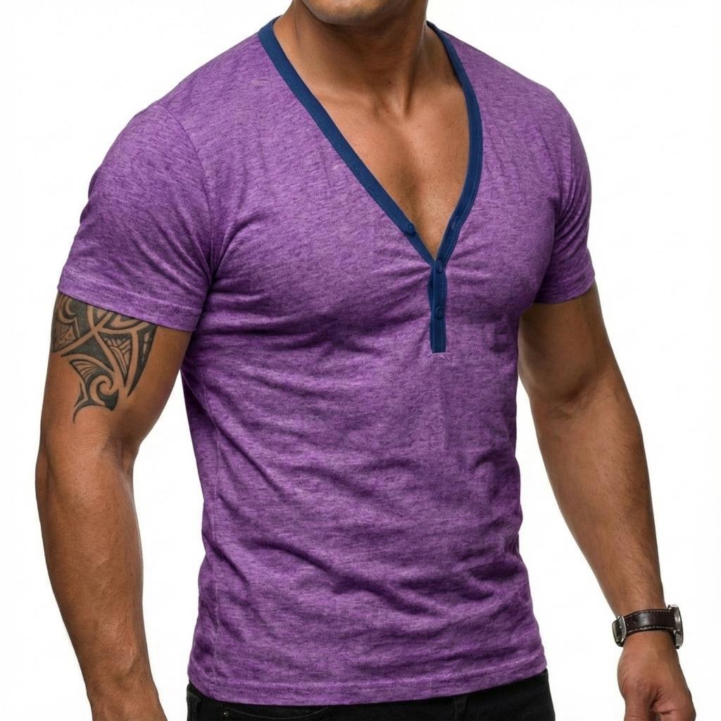 Men's Casual Base Layer Sportswear, Men's Color-blocked Low-cut V-neck Short-sleeved T-shirt Top