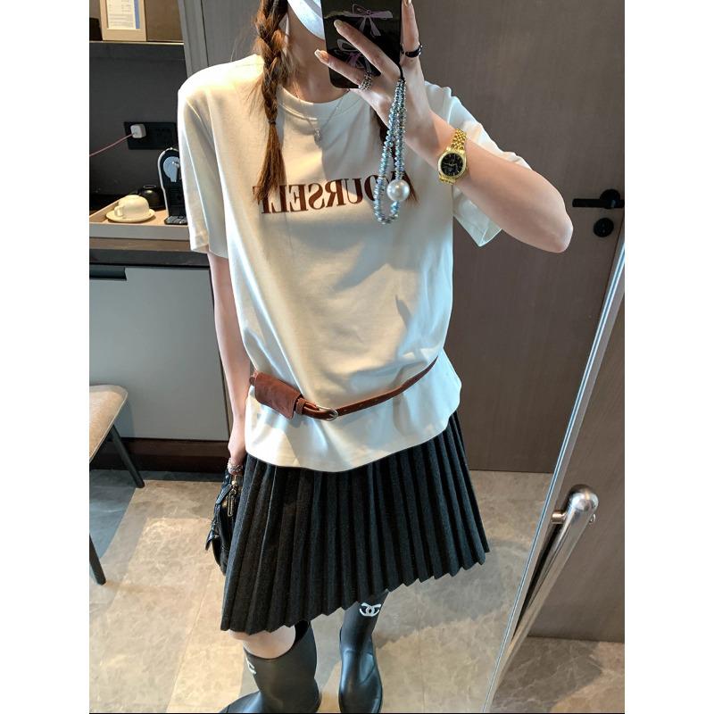 Mochie Spring Slimming Korean-Style Letter Print Belted Short Sleeve T-shirt MQ1070 One Size абрикосовый