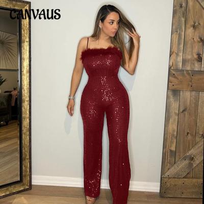 Women's New Fashion Sexy Suspenders Wool Stripes Splicing Sequins Jumpsuit