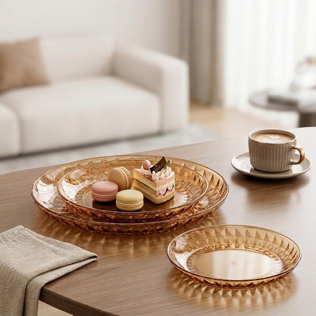 Clear PET Plastic Round Food Serving Tray Stackable Decorative Fruit Plate Party Snack Dessert Dish Kitchen Table Organizers