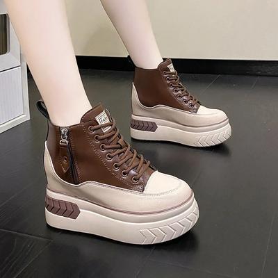 Fashion New Autumn High Top Women Sneakers 9CM Platform PU Leather Shoes Wedge Hidden Heels Zip Winter Chunky Sport Shoes Woman Sneakers