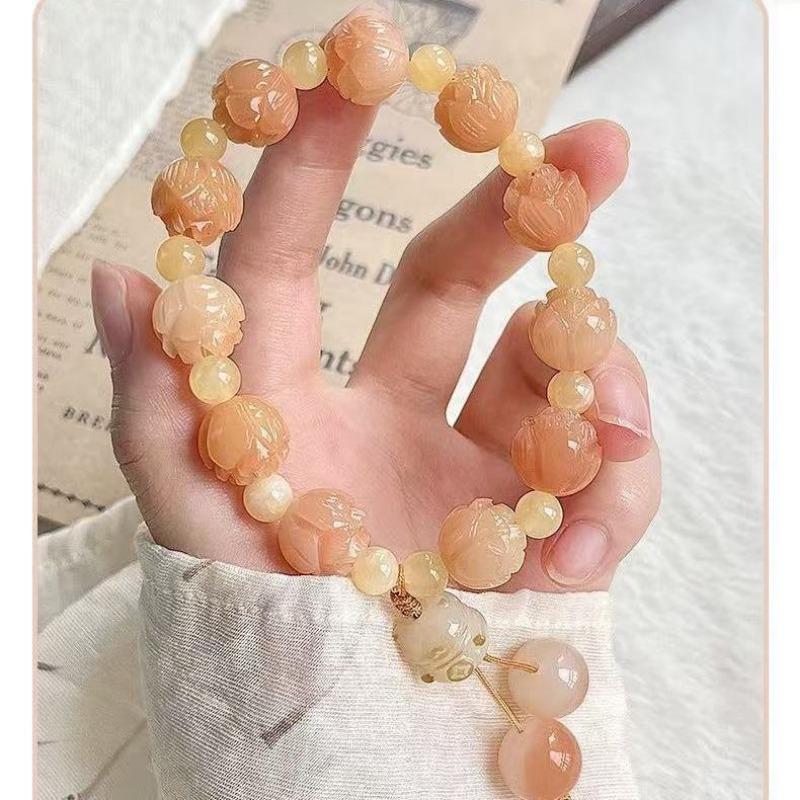 Chinese Style Peach Blossom Koi Carved Lucky Cat Beaded Bracelet For Women