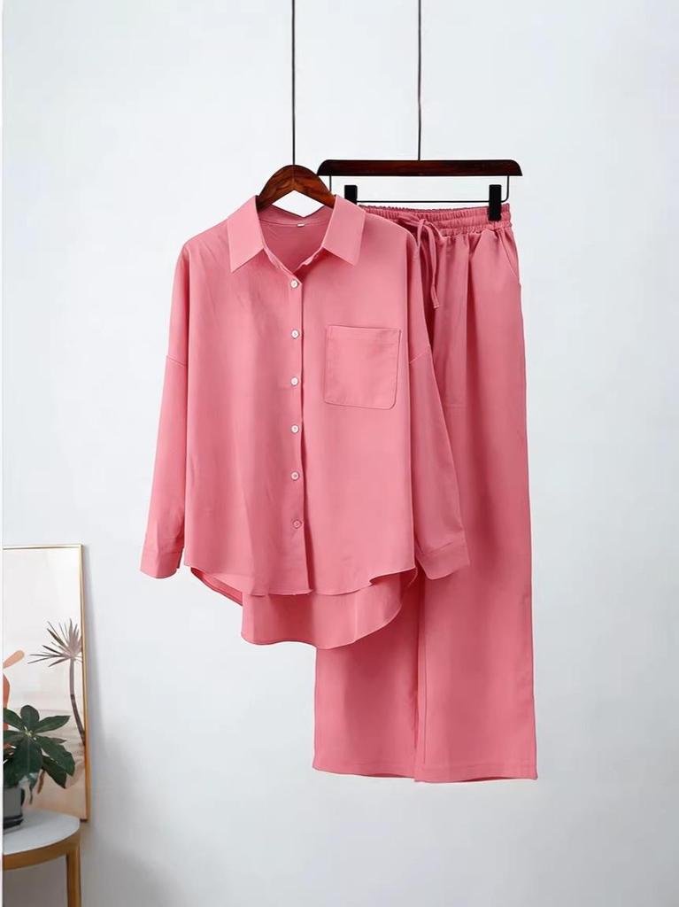 Lightweight Cotton Linen Wide-Leg Pants & Casual Loose Shirt Set - Plus Size, Spring/Autumn