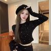Pure Desire Spice Girl Long-sleeved White T-shirt Women's Clothing Autumn and Winter Heavy Industry Hot Diamond Tight Inner Bottoming Shirt Short Top