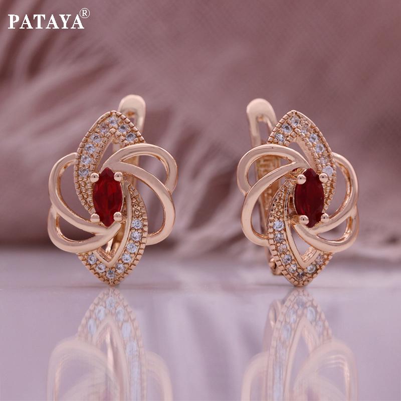 PATAYA Cercei roșii cu zircon artificial în formă de ochi de cal de culoare auriu roz
