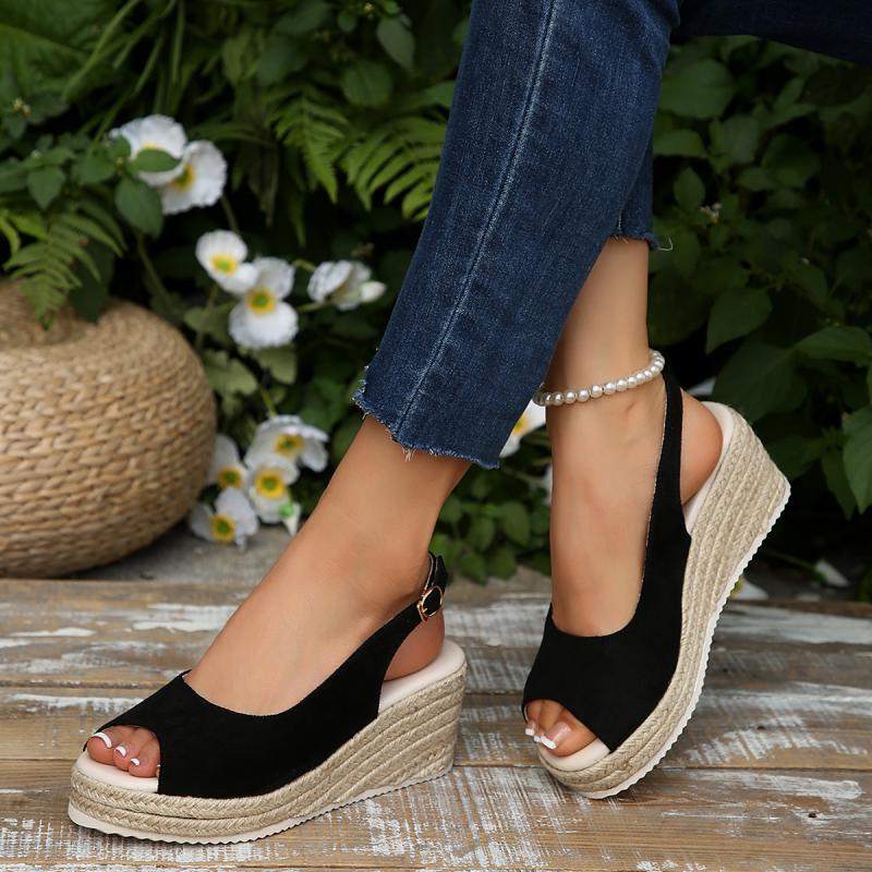 Black Suede Peep Toe Sandals Women Bohemia Metal Buckle Platform Wedge Heels Shoes Women Comfortable Light Weight Daily Sandals