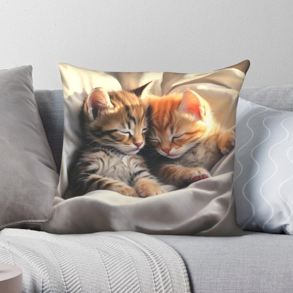 Two Kittens Cuddling Sleeping Square Pillowcase Polyester Linen Velvet Pattern Zip Decor Throw Pillow Case Home Cushion Cover