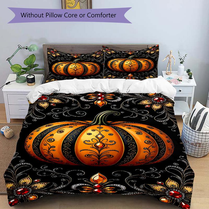 3pc Gothic Pumpkin Cover Set - 1 Quilt Cover + 2 Pillowcases, All Seasons Bedroom Setting, Perfect for Home042