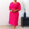 Women's new summer seven-quarter sleeve round neck solid color fashionable simple waist medium and long dress