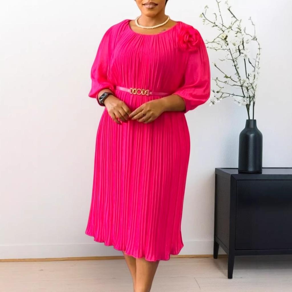 Women's new summer seven-quarter sleeve round neck solid color fashionable simple waist medium and long dress