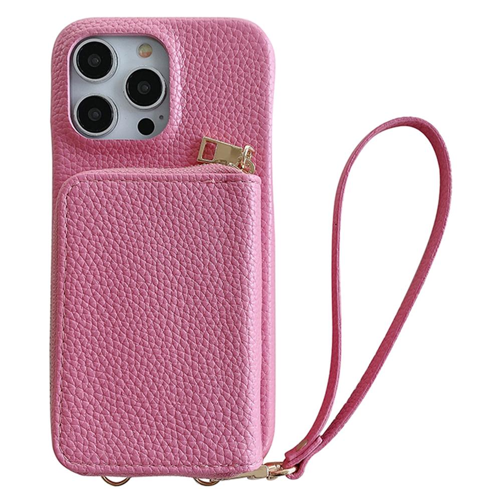

For iPhone 14 Pro Max Case Zipper Card Slots PU Leather Phone Back Cover with Wrist Strap Pink
