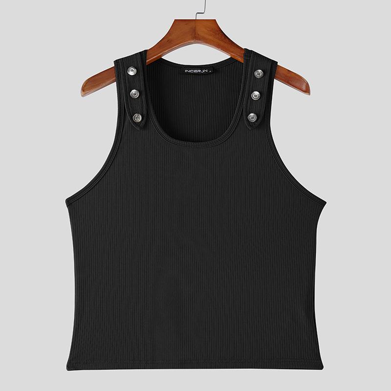 INCERUN Summer Men Sleeveless Strap Decorative Ribbed Casual Tank Tops 2XL чёрный