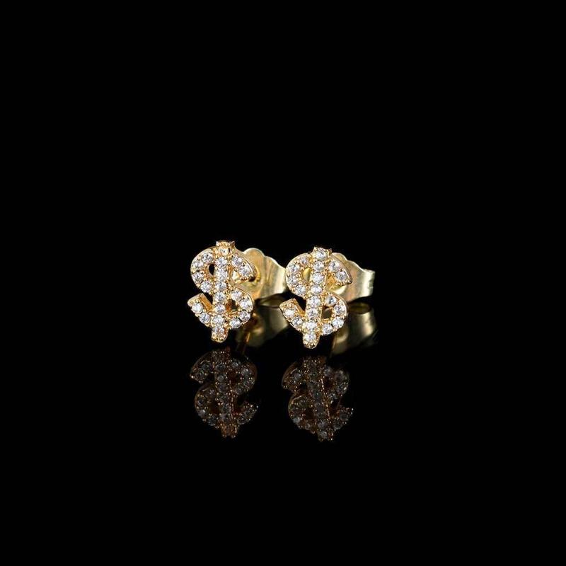 Full Diamond Dollar Design Zircon Stud Earrings Hip Hop Fashion Unisex Jewelry