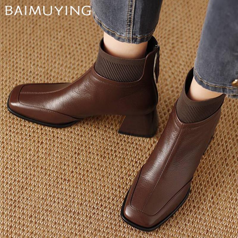 Leather Chunky Women Ankle Boots Square Toe Fashion Mid Heels Shoes 2025 Trend Elegant Pumps Winter Classic Goth Botas De Mujer