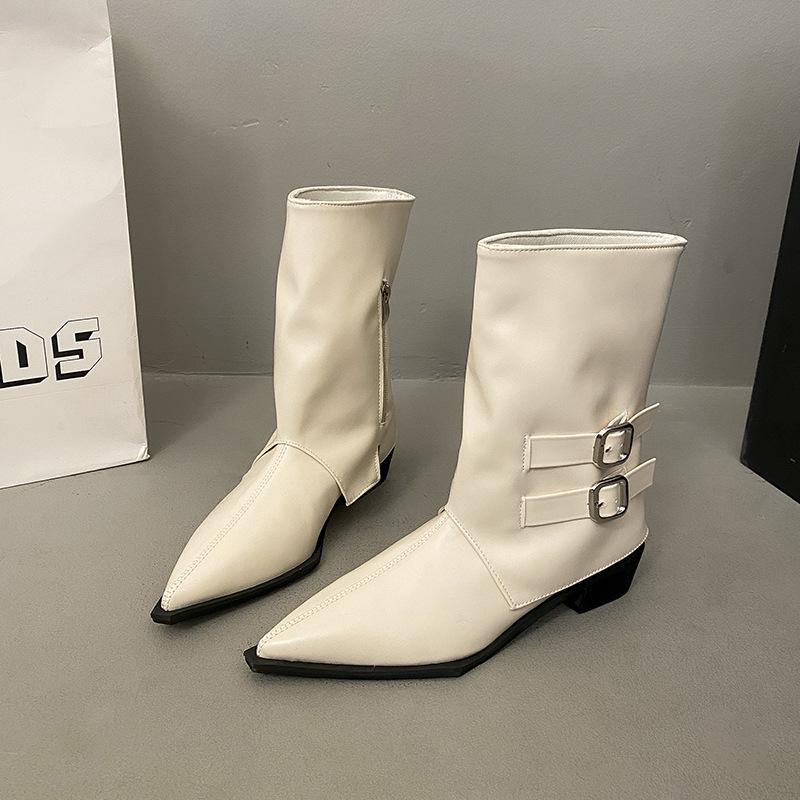 New short boots women's boots medium tube pointed head belt buckle spring and autumn knight boots trouser tube thick heel boots fashion sleeve
