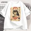RaUnisex Cat Tshirt Japanese Style Black Cat Eating RaUnisex Grpahic T Shirts Trendy Cotton Soft Short Sleeve Casual Unisexs Clothing