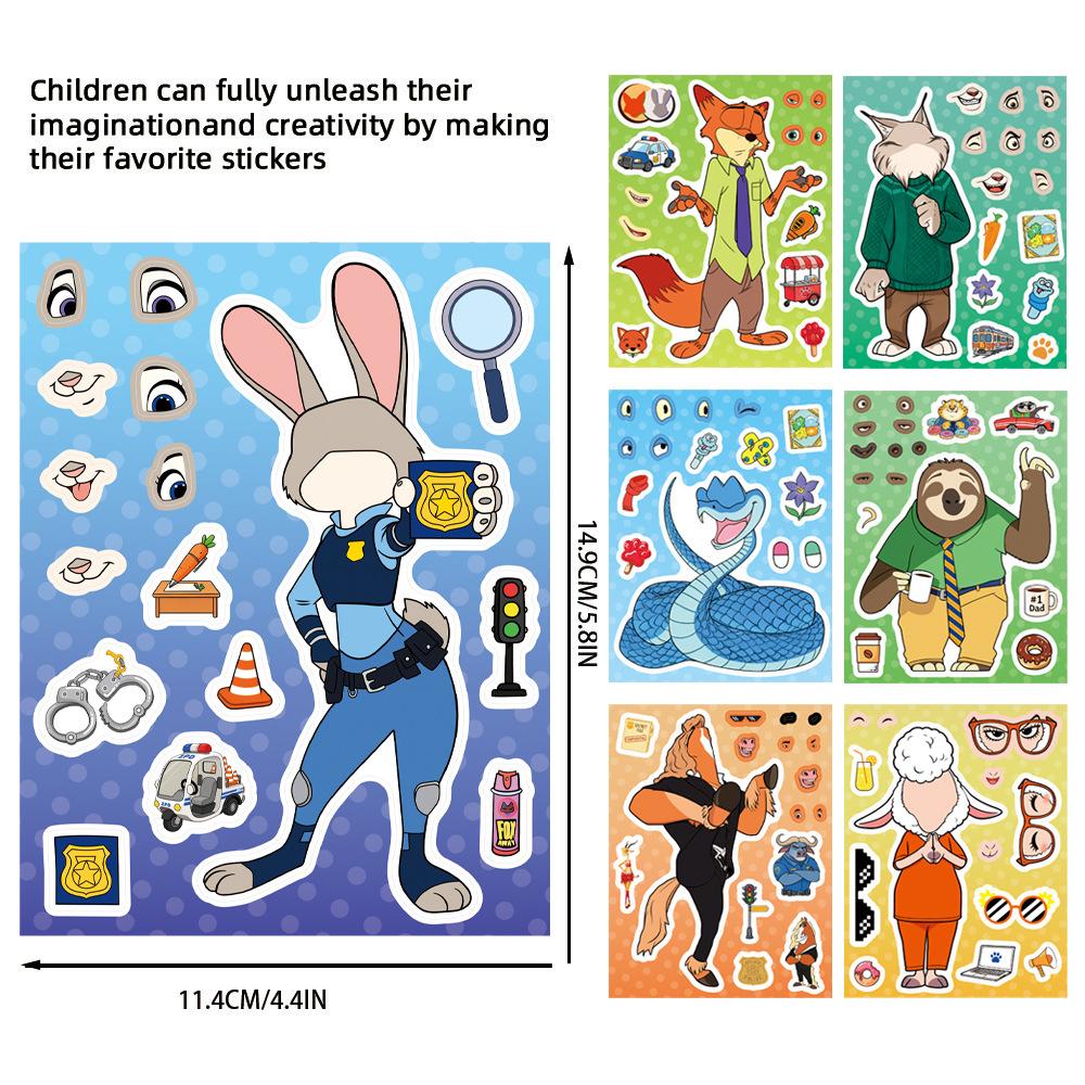 8/16 Sheets Zootopia 2 Make A Face Puzzle Stickers Diy Assemble Jigsaw Cartoon Decals Kids Game Party Gift For Boys Girls