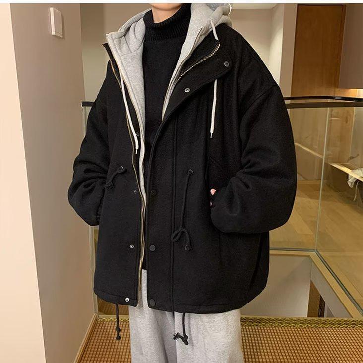 

Мужское шерстяное пальто с капюшоном в стиле Гонконга — средней длины, утолщенное, имитация двух частей 3XL чёрный