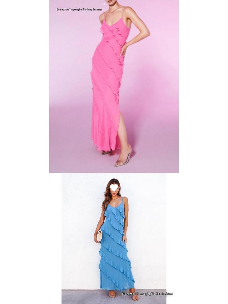 European-American Backless Spaghetti Strap Wave Slim-Fit Slit Maxi Dress