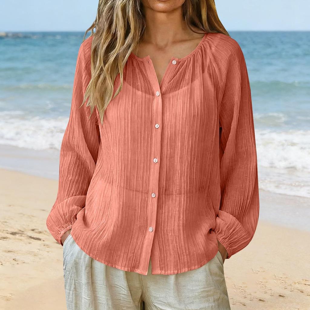 Womens Long Sleeve Button Down Blouse Lightweight Crinkled Fabric Casual Loose Fit Shirt with V Neck Design for Daily Wear