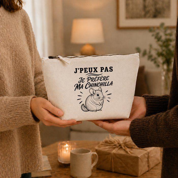 Trousse Beige J’peux pas je préfère ma Chinchilla J'peux pas minimaliste | Trousse de Toilette en Coton 3 L avec Zip Métal et Fond