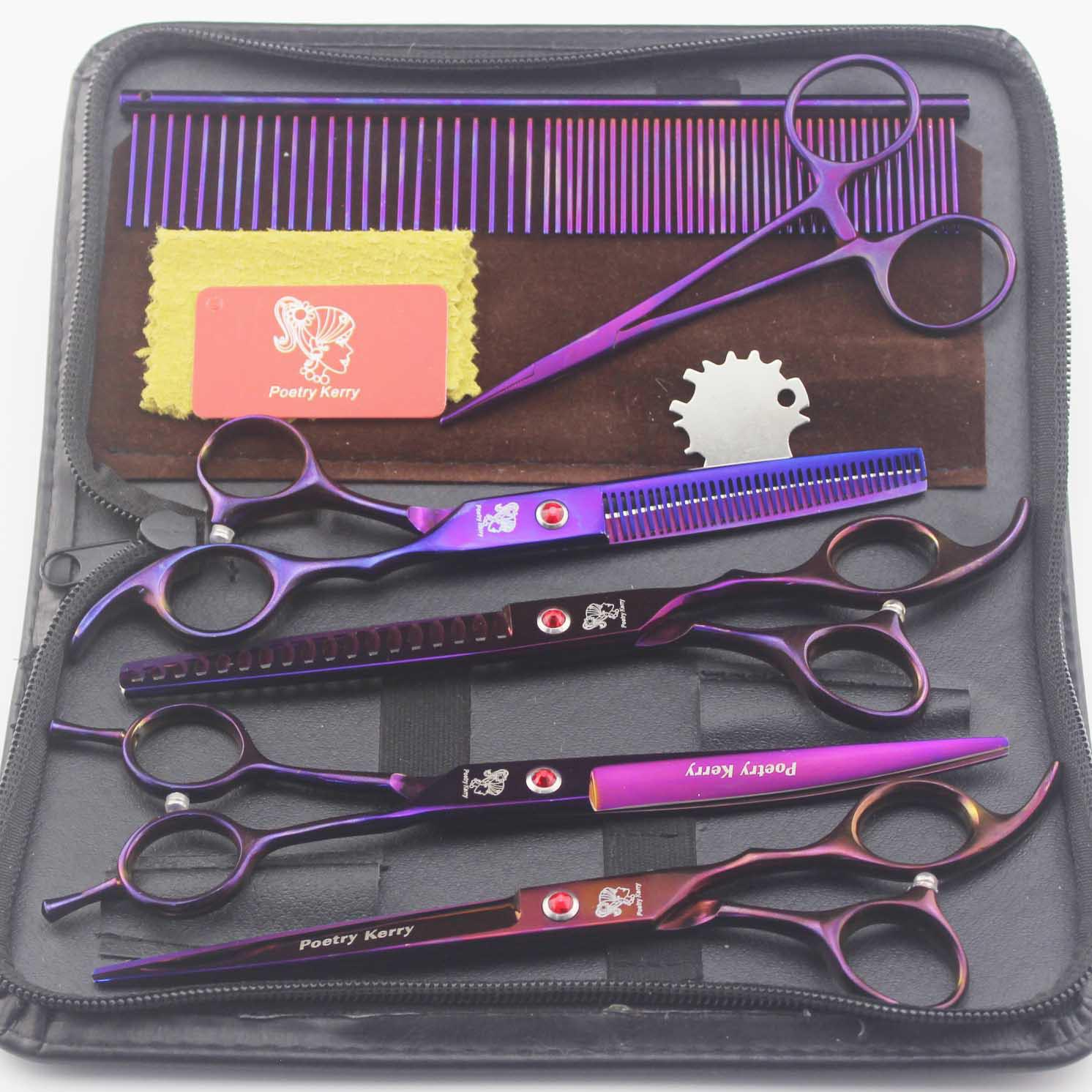 7-Inch Purple 4-Piece Pet Grooming Set: Straight & Curved Scissors, Fine Tooth Comb, Fishbone Tooth Comb