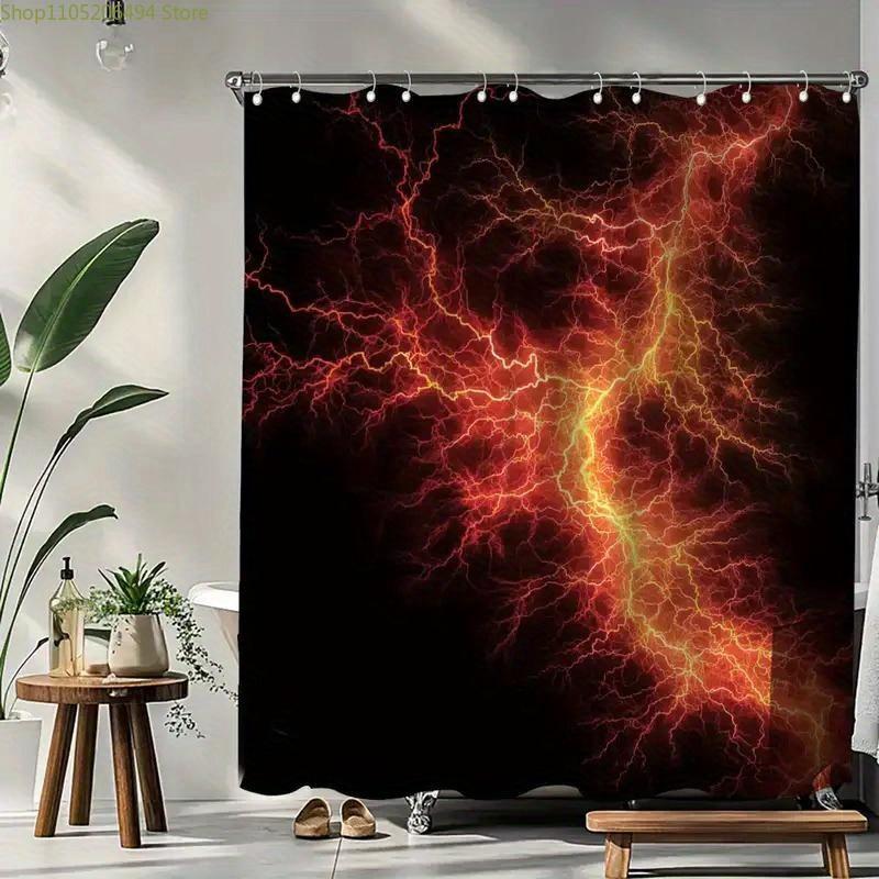A Vibrant Lightning Shower Curtain with a Passionate Flame Theme, Perfect for Halloween, Includes 12 Hooks, Measuring 180*180C