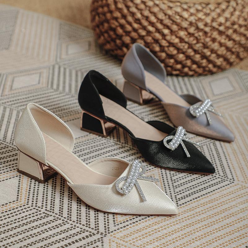 Baotou sandals women's new pointed high heels medium heel thick heel fashion hollow single shoes