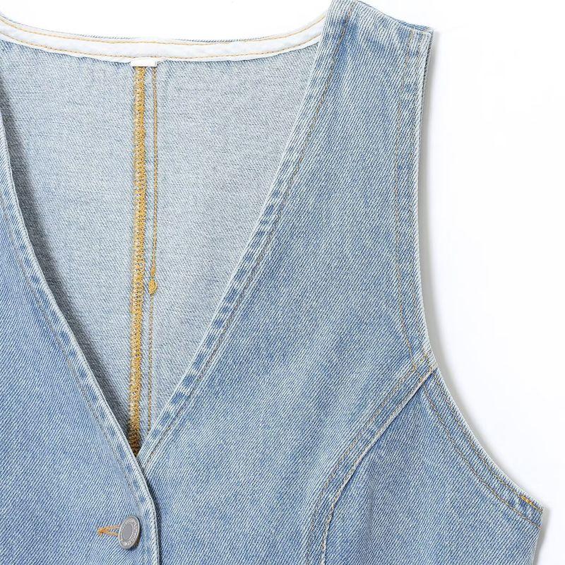 Kaslead New Women clothes Western Style V-neck Sleeveless Waist Hugging Denim Vest Casual Trousers Set