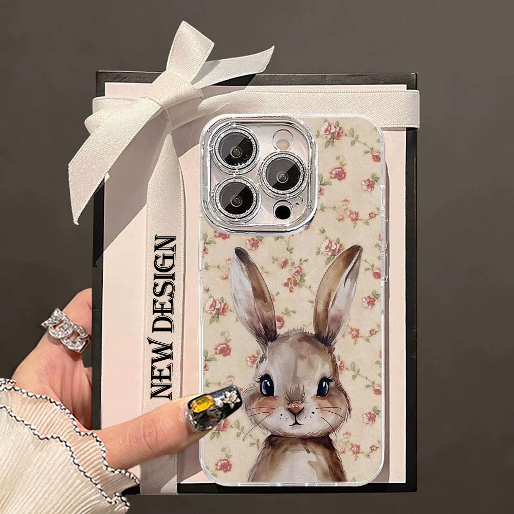 Cute Love Heart Rabbit Glacier Texture Case For iPhone 17 Air 16 15 14 13 12 11 Pro Max Plus 16E With Glass Lens Protector Cover