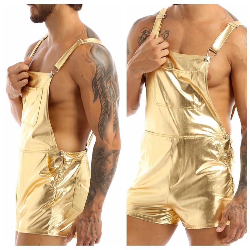 Herren-Overall aus glänzendem Metall, Shorts, Strampler, lässig, ärmellos, Latzhose M gold