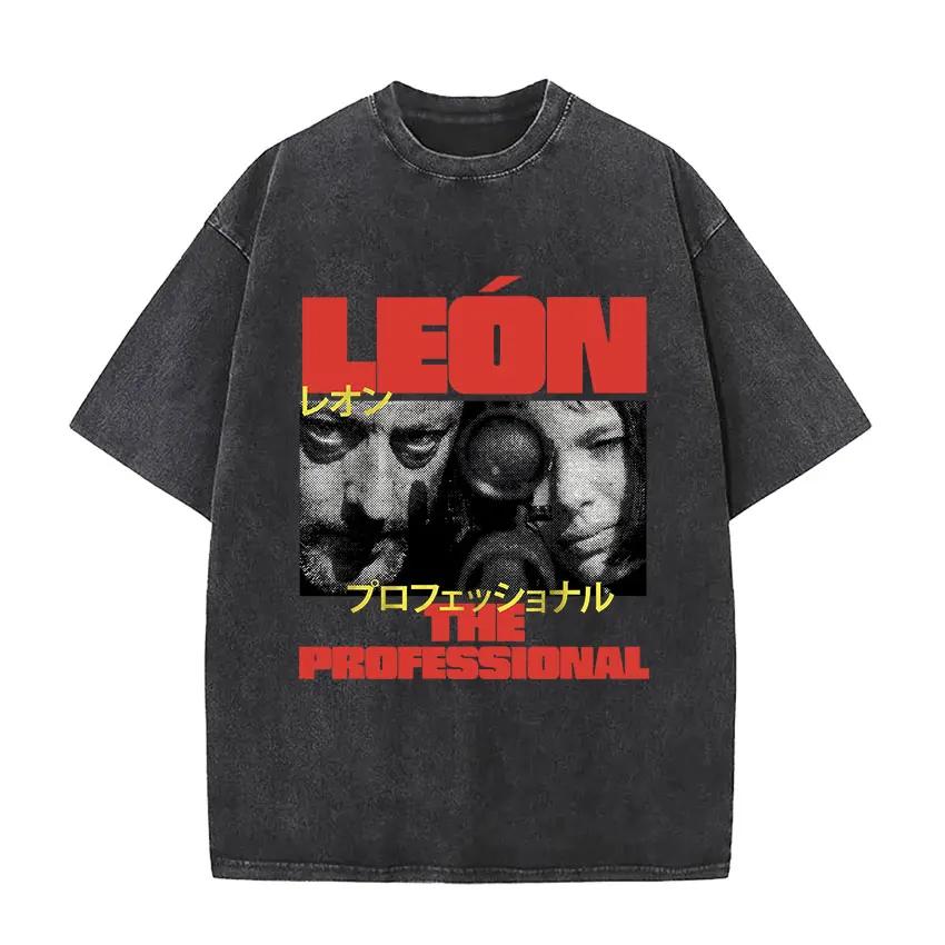 

Retro Washed Leon The Professional Movie T Shirts Men s Classic Gothic Short Sleeve T-shirt 100% Cotton Tees 3XL