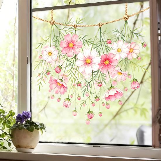 Spring Hanging Floral Window Cling Watercolor Saussurea Flower Vine Window Decals Reusable Static Glass Sticker for Home Shop Office