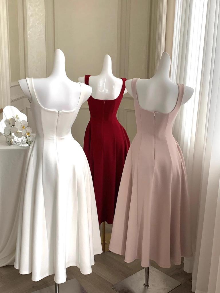 Elegant French Style Acetate Crinkled Strappy Long Dress for Mature Women