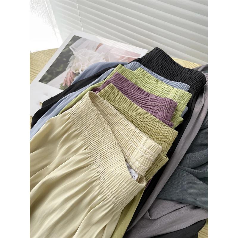 Summer Thin Loose Wide Leg Pants Women's Ice Silk Casual Pants Elegant Elastic Waist Straight Trousers Lady Sport Pant