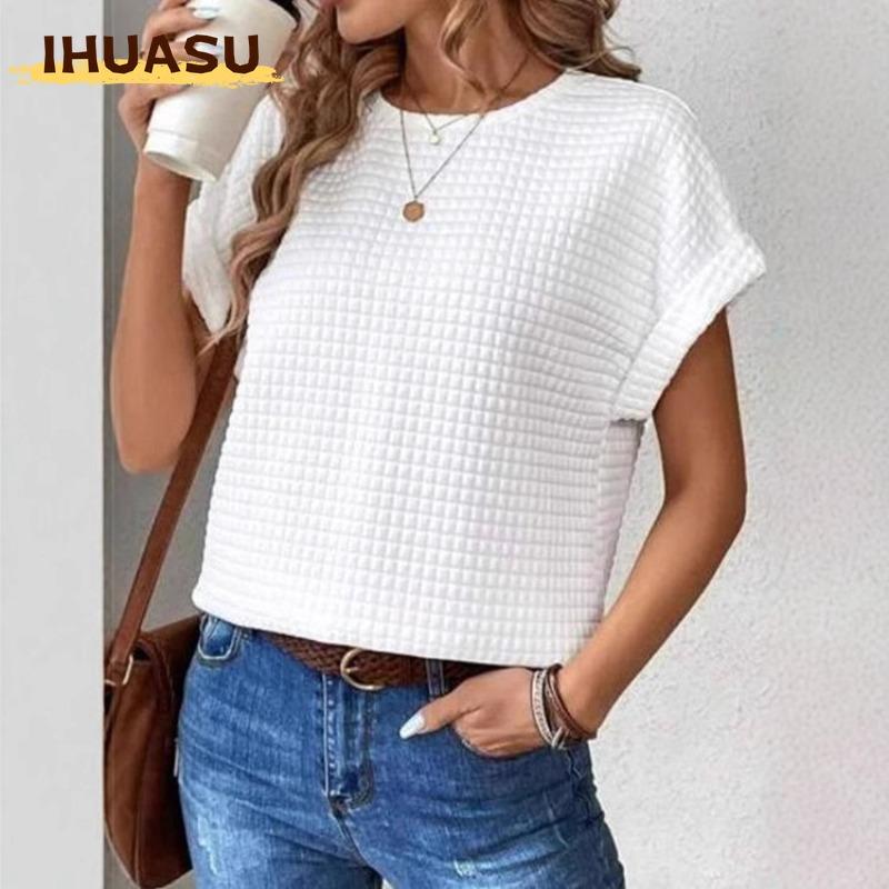 IHUASU Women's Fashion Casual Solid Color Print O-Neck Short Sleeve Blouses & Shirts