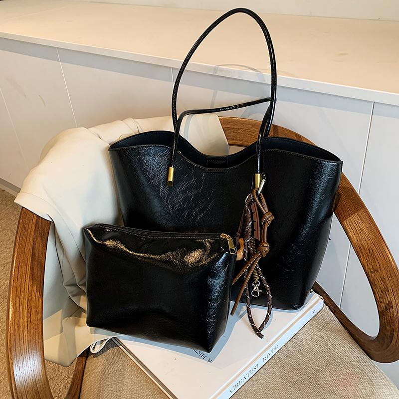 Bright PU Leather Big Tote Bag Set For Women 2-IN-1 Solid Color Shoulder Bags With Pendant Vintage Large Capacity Shopper Totes