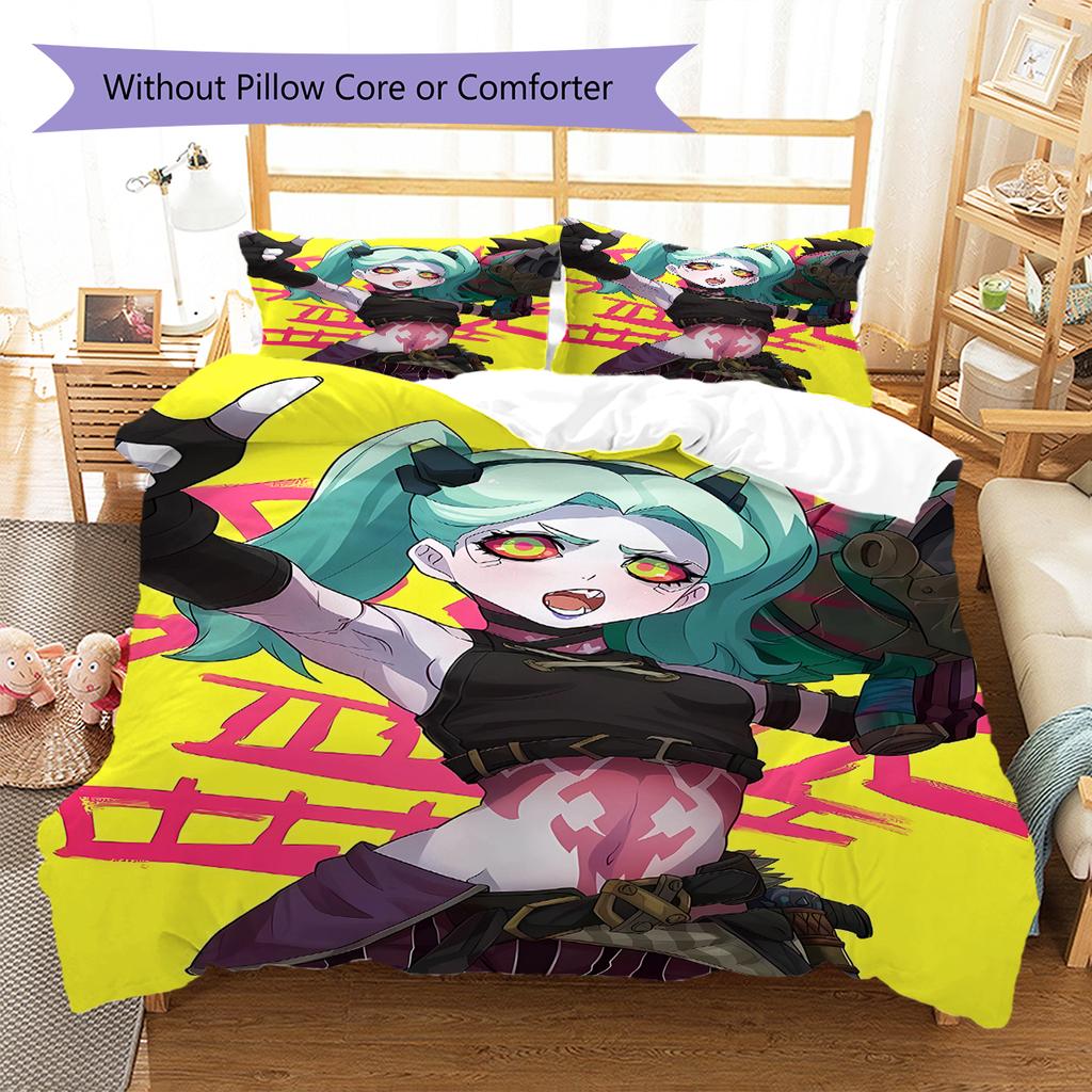 Cyberpunk Edgerunner Muster Bettwäsche, Steppbett Set Bettbezug Kissenbezug Zuhause Geburtstagsgeschenk (1 Bettbezug + 2 Kissenbezüge, ohne Füllung)