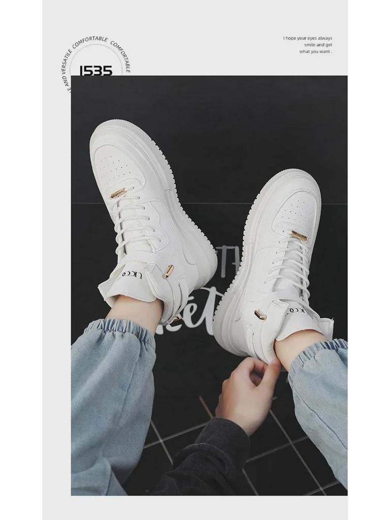 Men's 2024 Autumn/Winter High-Top Casual White Sneakers - Retro Korean Style, All-Match, Thick Sole