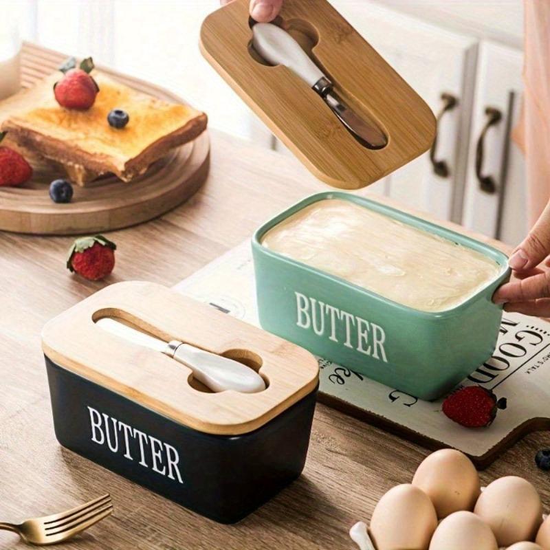 Large Ceramic Butter Dish with Wooden Lid Stainless Steel Knife Bamboo Cover Silicone Seal Kitchen Storage
