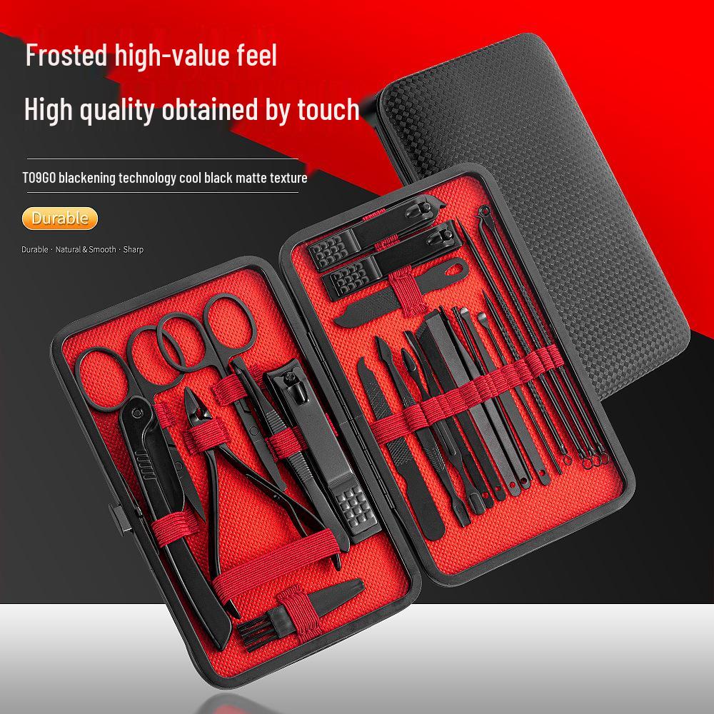 24-Piece Manicure Set: Black and Red Nails, Ear Pick, Oblique Clippers, Nose Hair Scissors, Tweezers