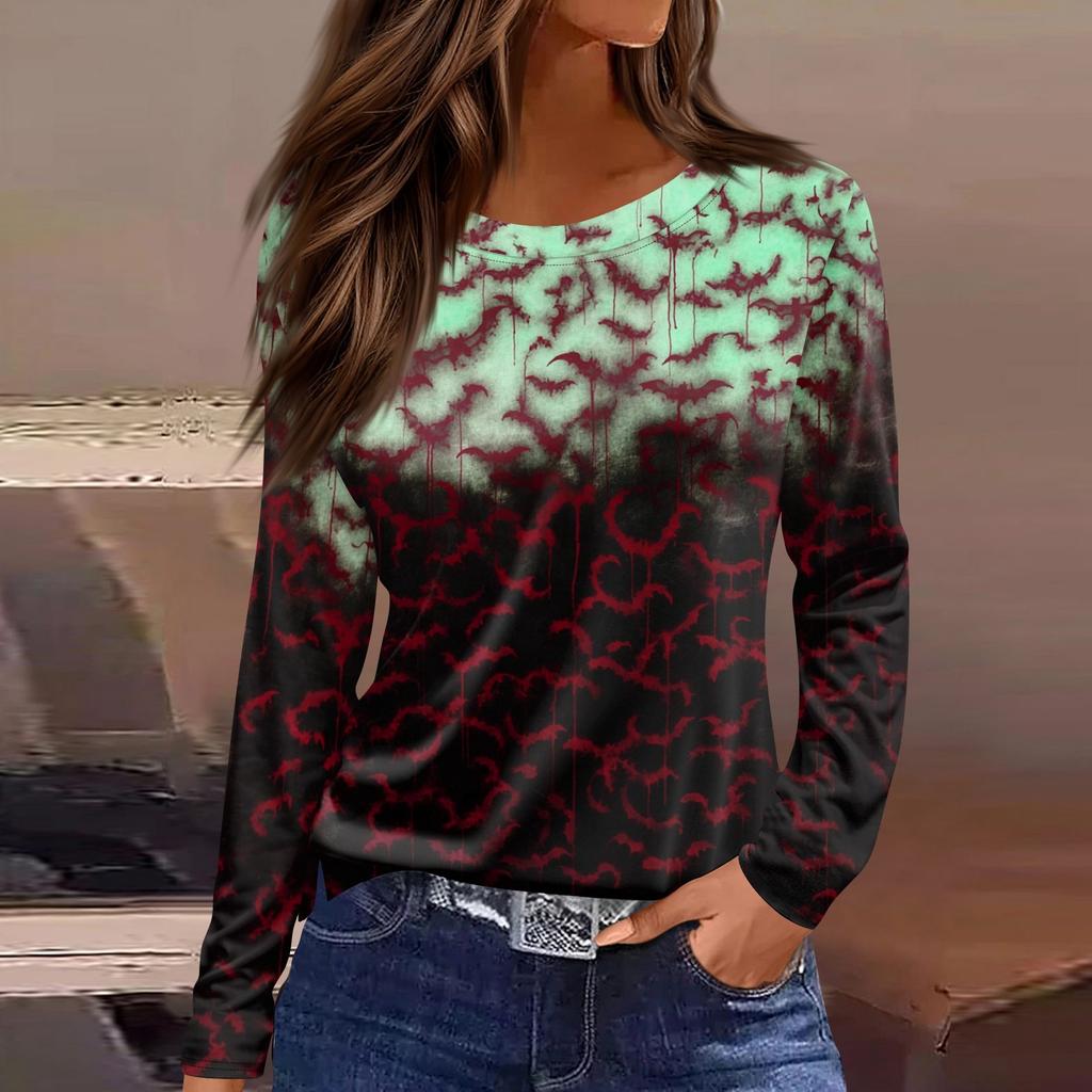 Mote Casual Langermet Trykk Rund Hals Pullover Topp Bluse for Kvinner