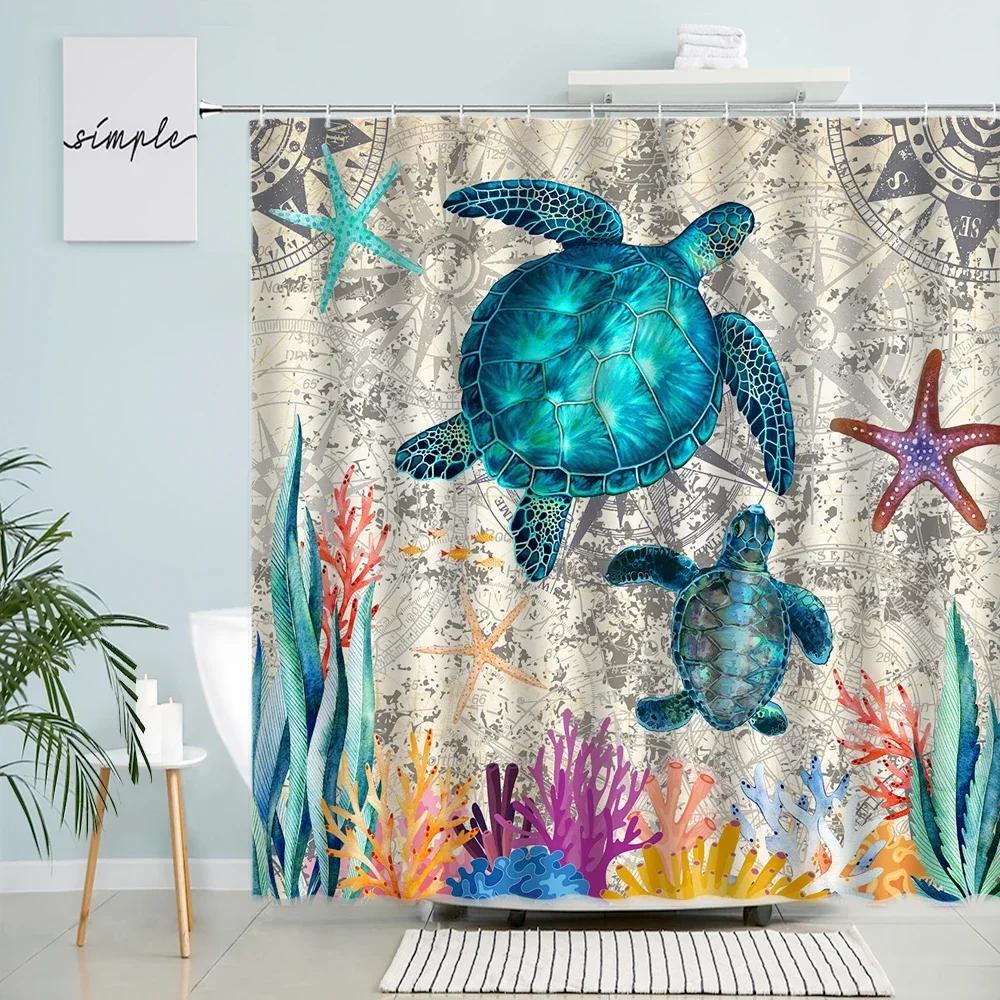 Creative Diving Dog Shower Curtain Starfish Coral Water Grass Fish Sea Turtle Bath Curtains Marine Animals Bathroom Decor Sets