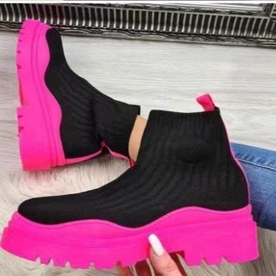 Autumn New Large Thick Sole Knitted Short Boots Women's Round Head Mid Heel Short Sleeve Women's Boots